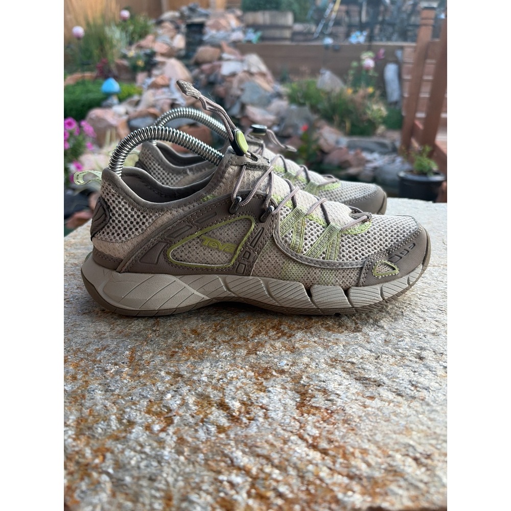Teva 4172 Womens 7.5 Tan Lime Green Mesh Water Hiking Shoes Bungee Lace Shoc Pad